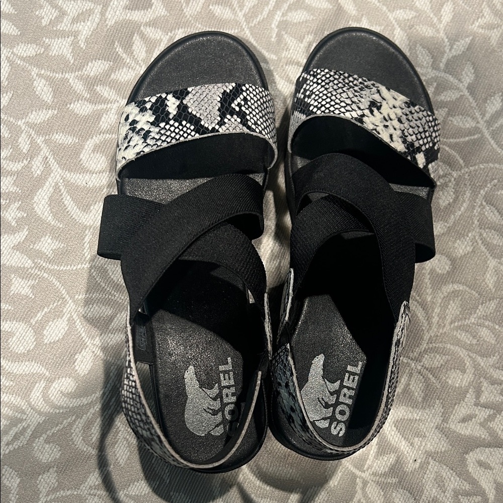 Sorel Black and Patterned flat form  Sandals